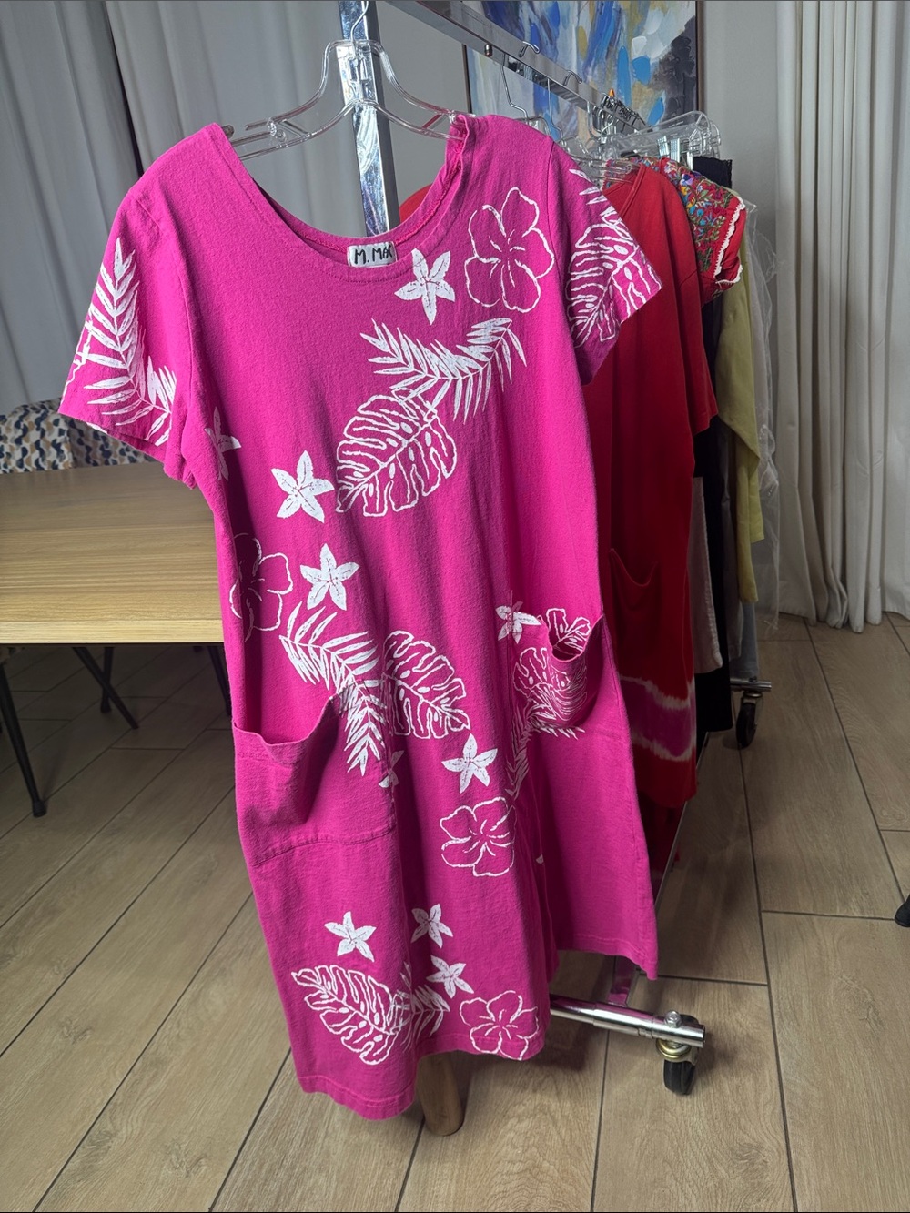 M. MAC Tropical Print Knit Dress Pink White Hawaiian Pocket Dress Size M